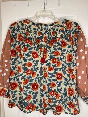 Roller Rabbit Cream Floral Blouse with Rust Polka-Dot Sleeves